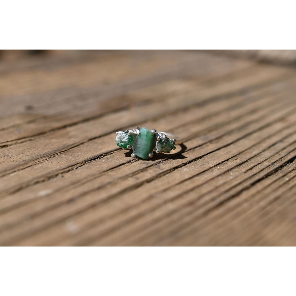 Real Emerald Ring, Genuine Uncut Emerald Jewelry, Raw Diamond Ring, Natural Gems
